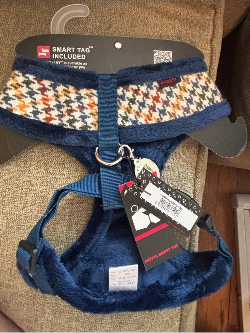 Puppia Kent Houndstooth Winter Dog Harness Blue Size Large NWT